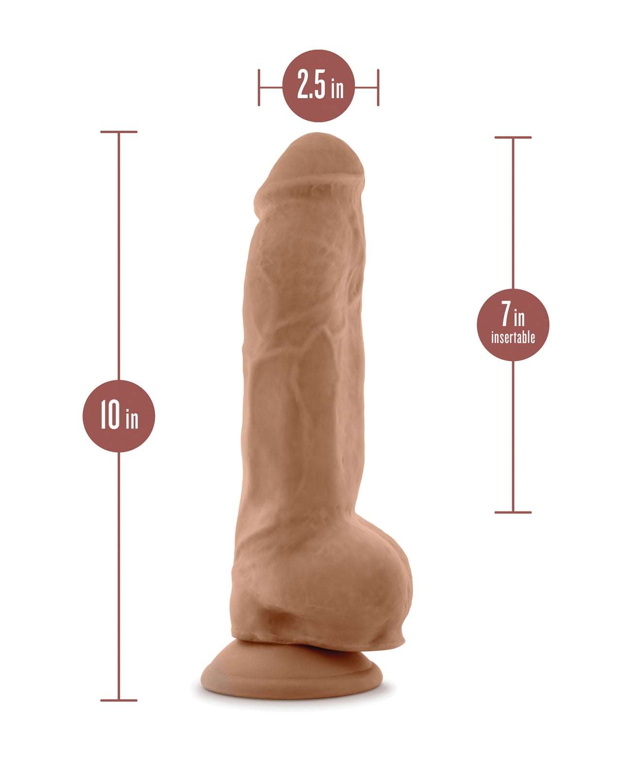 Blush Au Natural 10-inch realistic mocha dildo with balls and suction cup base, 7-inch insertable length, 2.5-inch diameter