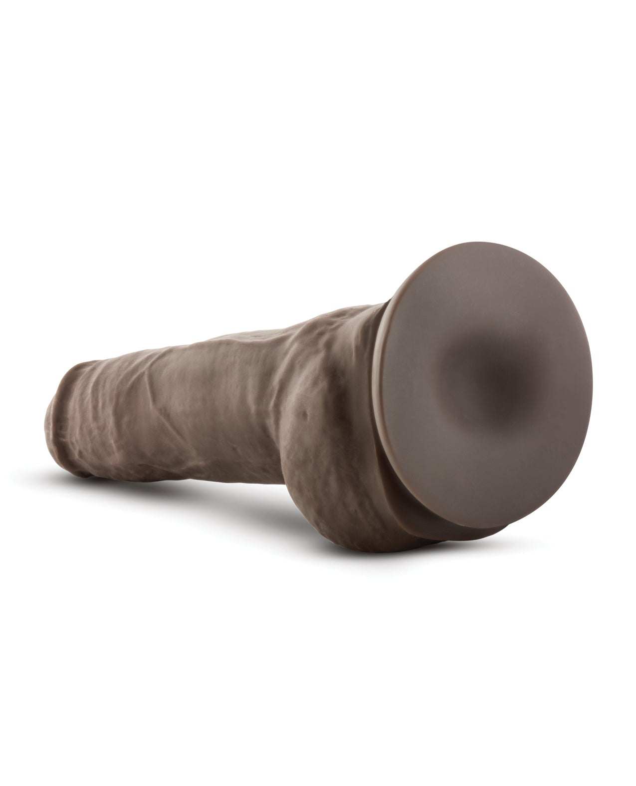 Blush Au Natural 10-inch realistic chocolate dildo with suction cup base and balls.