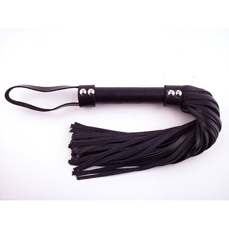 Black leather Rouge Flogger with H-style handle and wrist loop for BDSM play