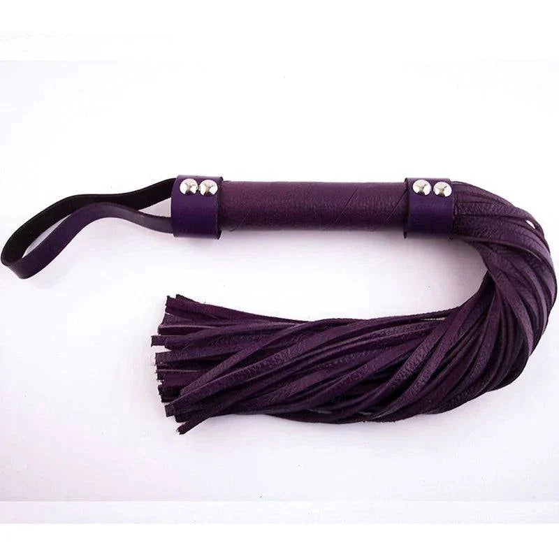 Rouge H-Style Leather Flogger in purple with leather strands and hand loop handle for impact play