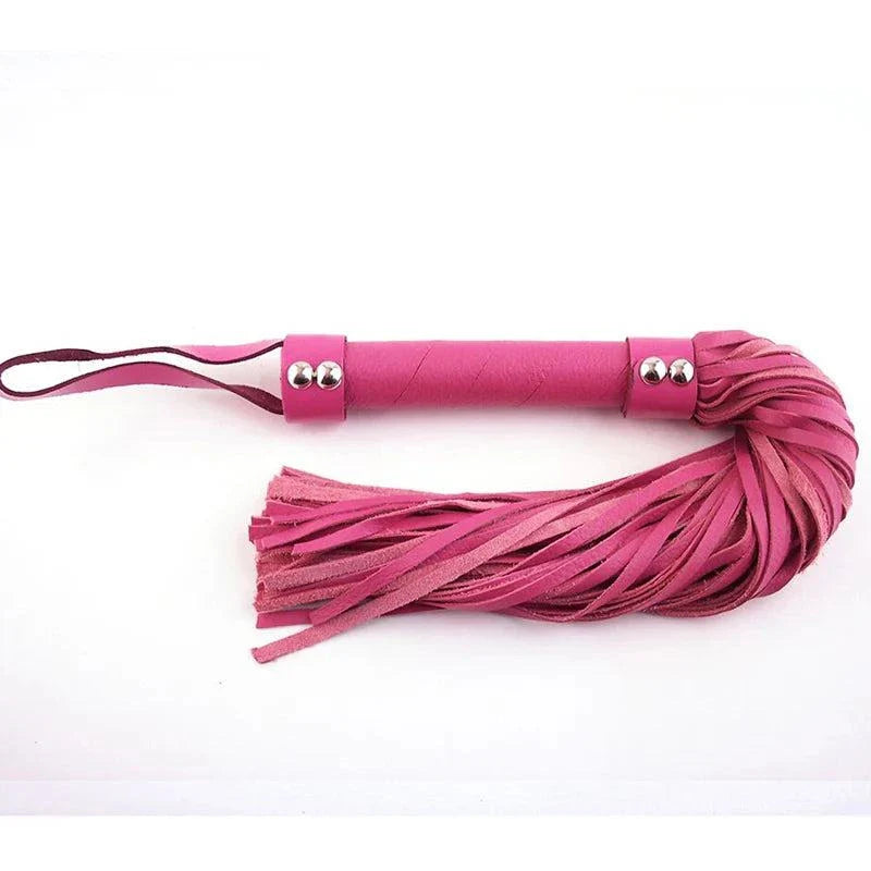 Pink Rouge H-Style leather flogger with soft tails and hand loop for BDSM play