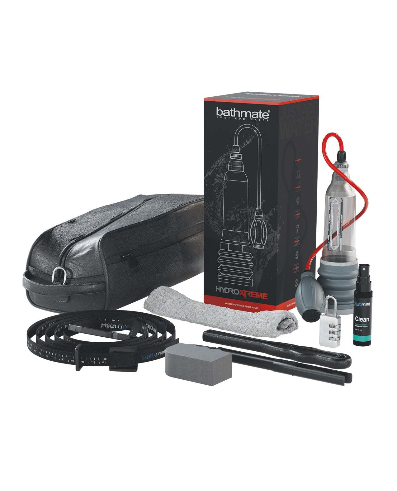 Bathmate Hydroxtreme 6 clear penis pump set with handball, accessories, and carrying case.