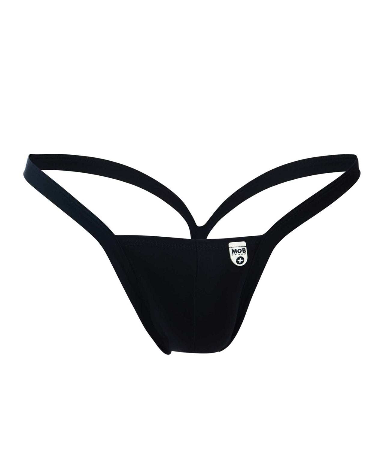 Male Basics Y Buns Thong in black sheer style with thin V-straps for men