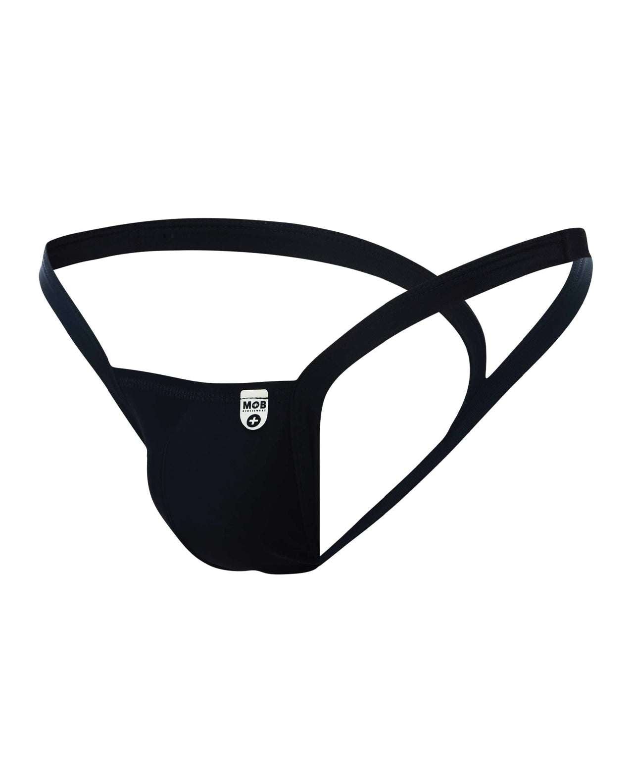 Male Basics Y Buns Thong in black sheer fabric with thin V-strap design for men.