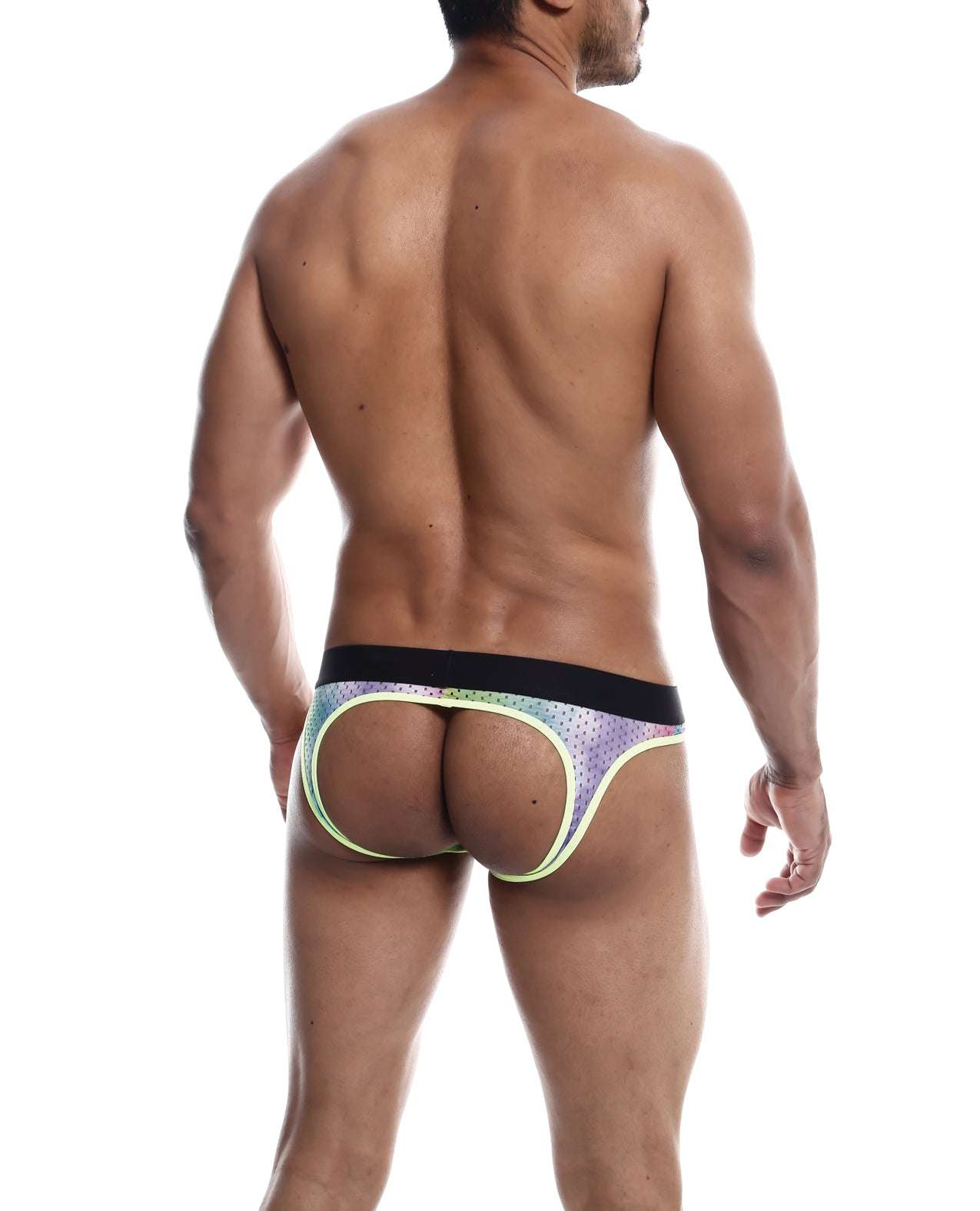 Male Basics MOB Aero Jock green dye athletic underwear for men showing back with minimal coverage and supportive fit