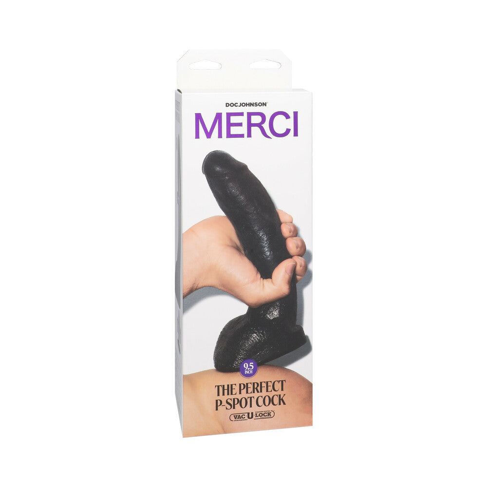 Merci The Perfect P-Spot Cock 9.5 inch black dual-density dildo with removable Vac-U-Lock suction cup in packaging