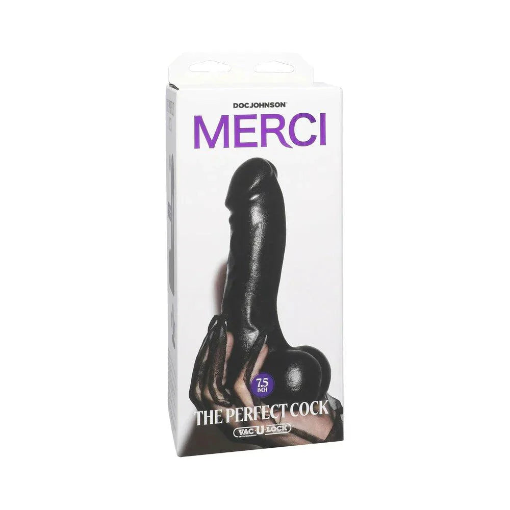 Merci The Perfect Cock 7.5 inch black dildo with removable Vac-U-Lock suction cup in packaging
