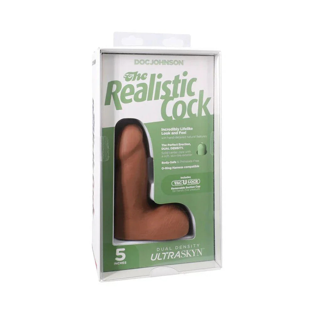 The Realistic Cock 5-inch ULTRASKYN Vac-U-Lock dildo with balls in caramel color, lifelike dual density silicone, compatible with O-ring harness and removable suction cup base.