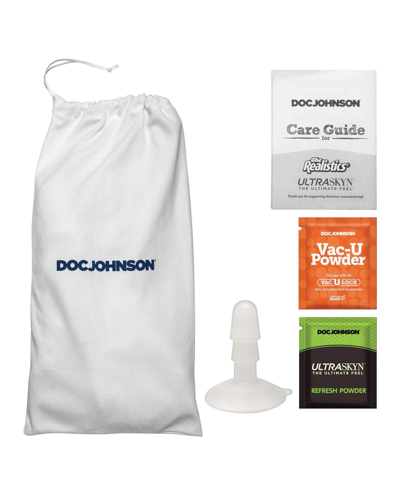 Doc Johnson Signature Strokers Set with white storage bag, removable Vac-U-Lock suction cup, care guide, and powders.