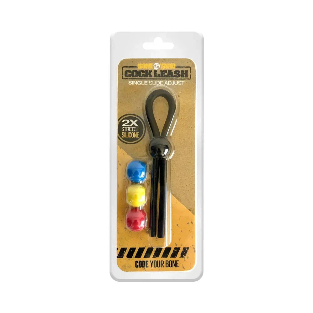 Boneyard Cock Leash Single adjustable black silicone cock ring with color-coded beads for fetish play in retail packaging