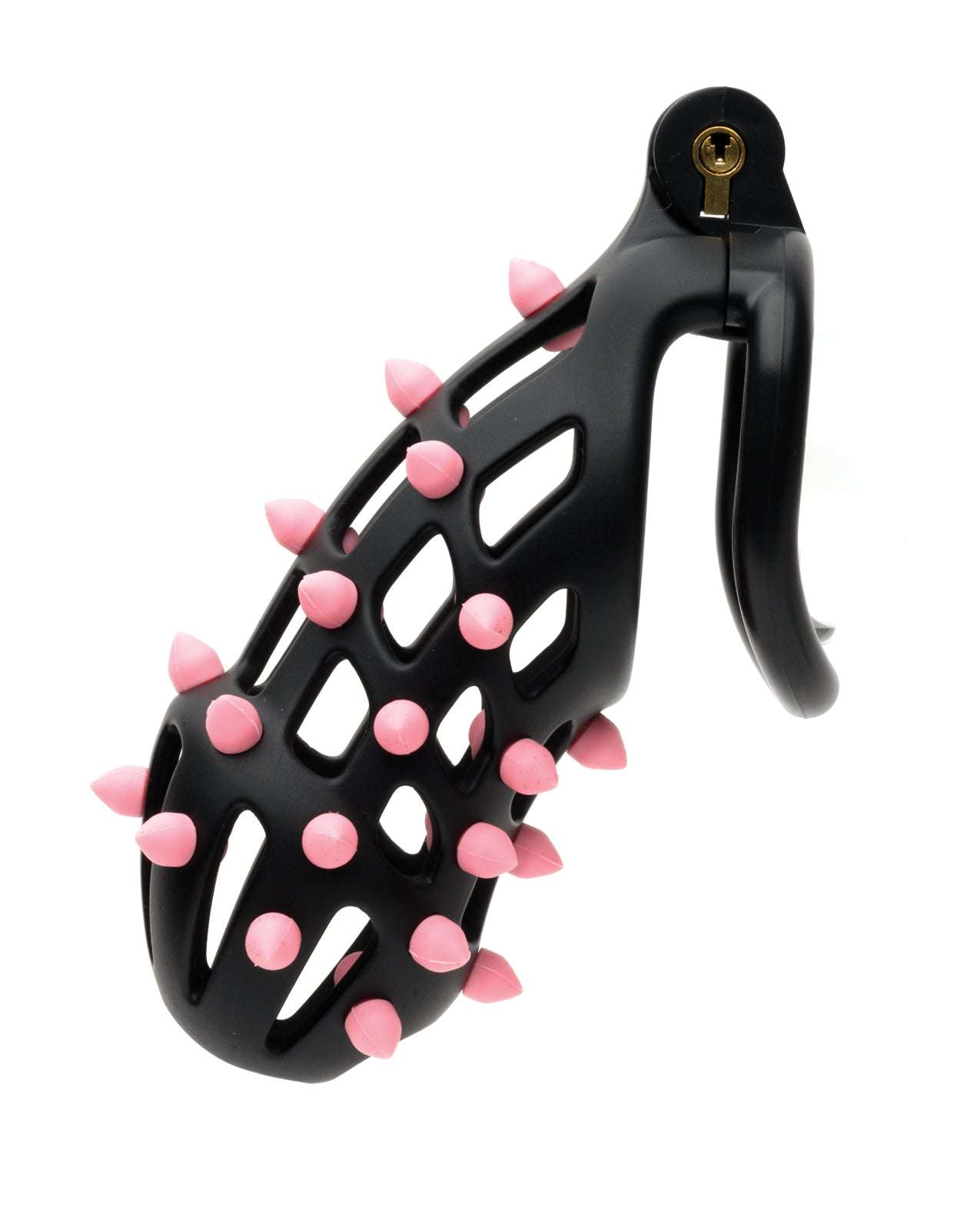 Sport Fucker Cellmate FlexiSpike chastity cage size 4 in black with pink silicone spikes and lock mechanism