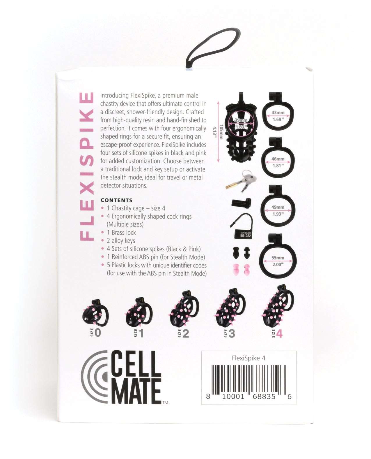Sport Fucker Cellmate FlexiSpike male chastity cage size 4 black and pink with customizable silicone spikes and multiple ergonomic rings for secure fit