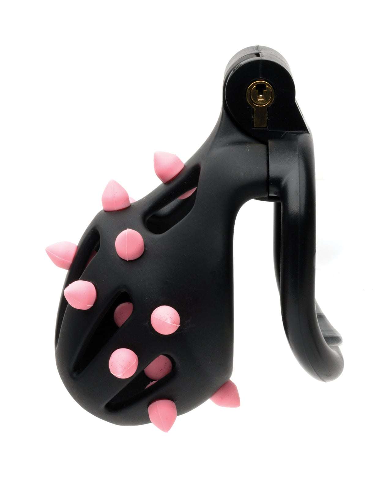 Sport Fucker Cellmate FlexiSpike chastity cage in black with pink silicone spikes and lock mechanism.