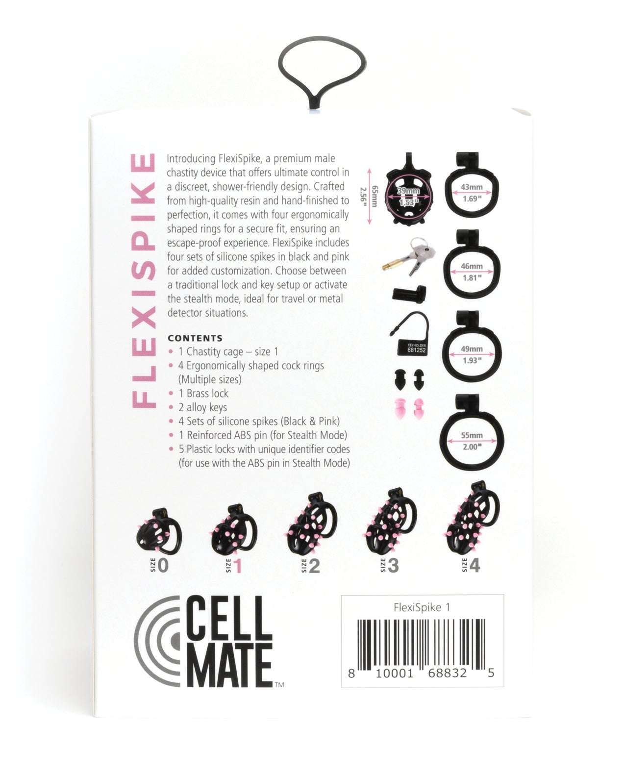 Sport Fucker Cellmate FlexiSpike male chastity cage in black and pink with silicone spikes and multiple ring sizes for secure fit.