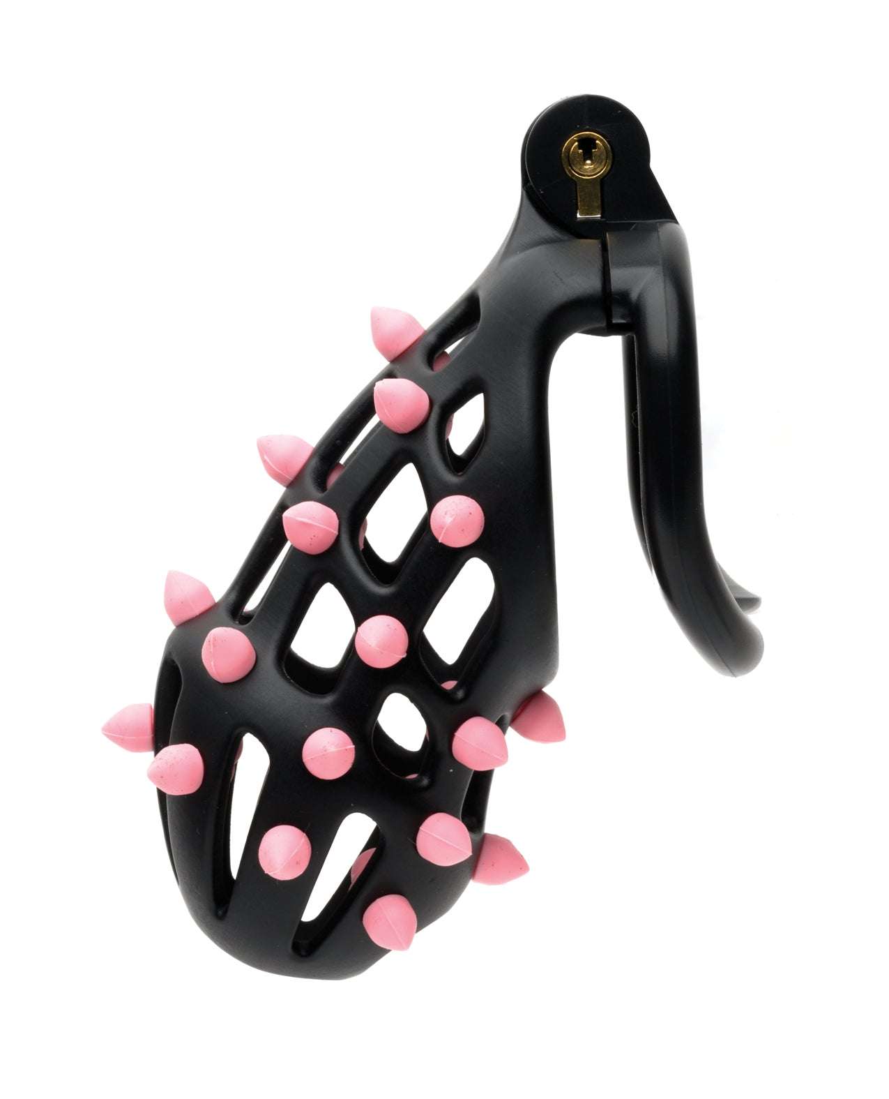 Sport Fucker Cellmate FlexiSpike male chastity cage in black with pink silicone spikes, size 3, lockable and shower-friendly design