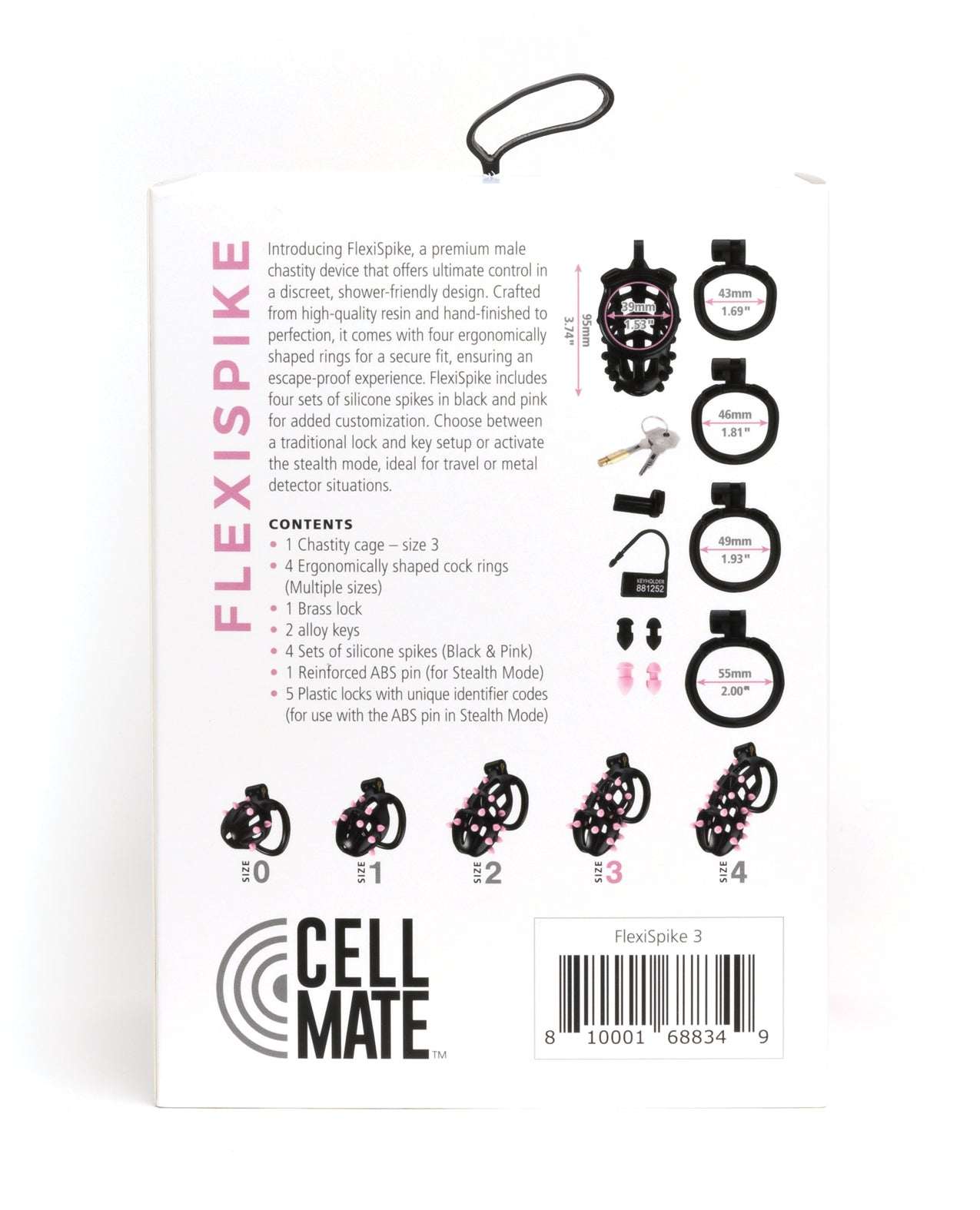 Sport Fucker Cellmate FlexiSpike Chastity Cage size 3 in black and pink with ergonomic rings and customizable silicone spikes for secure, discreet male chastity control.
