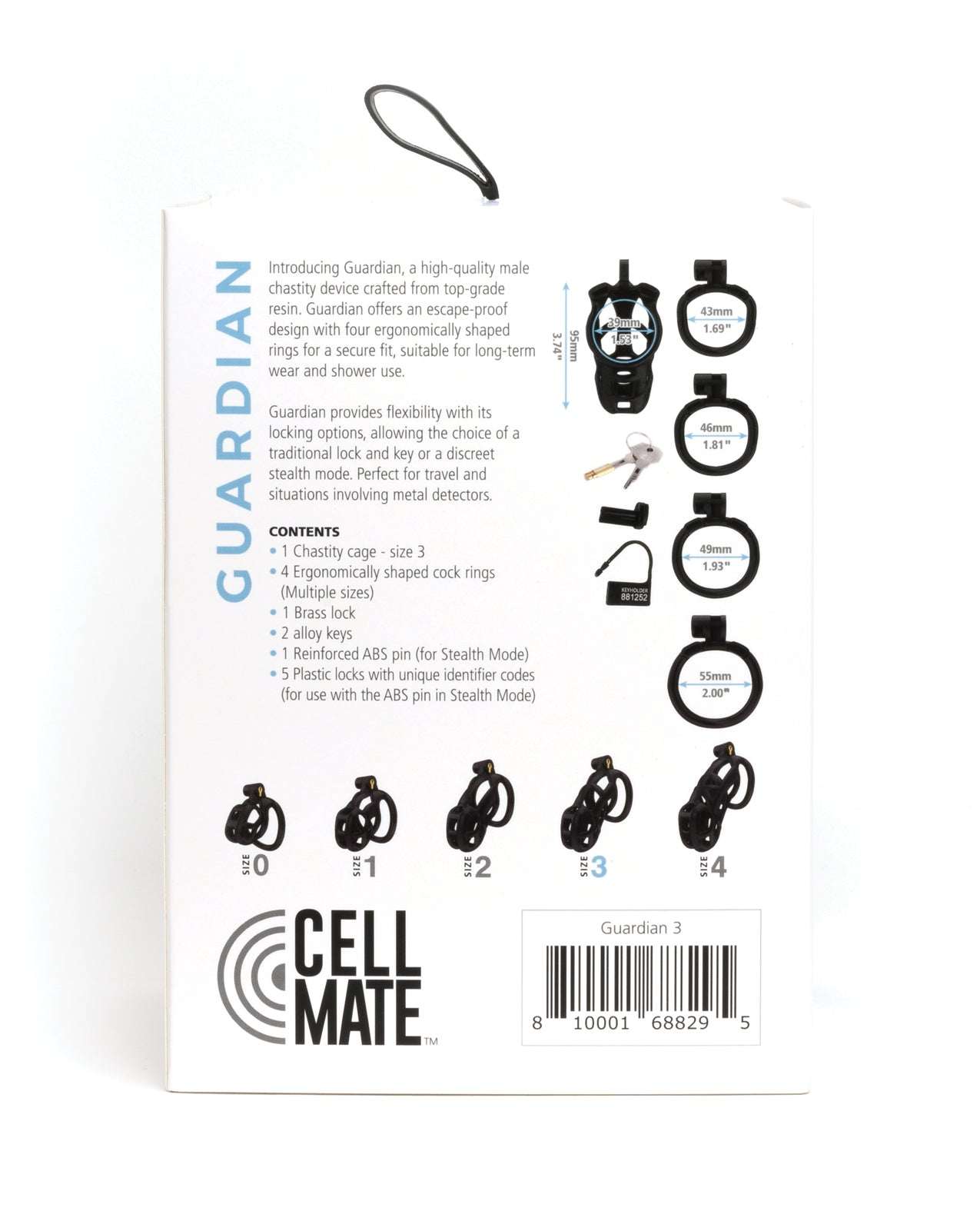 Sport Fucker Cellmate Guardian male chastity cage set with multiple ring sizes and locking options in black resin