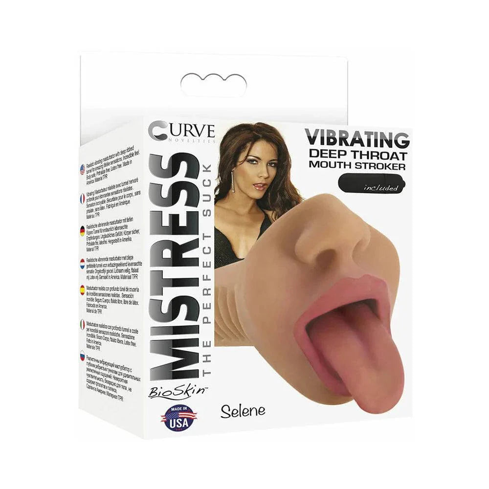 Curve Toys Mistress vibrating deep throat mouth stroker with realistic textured tongue and throat in tan color.