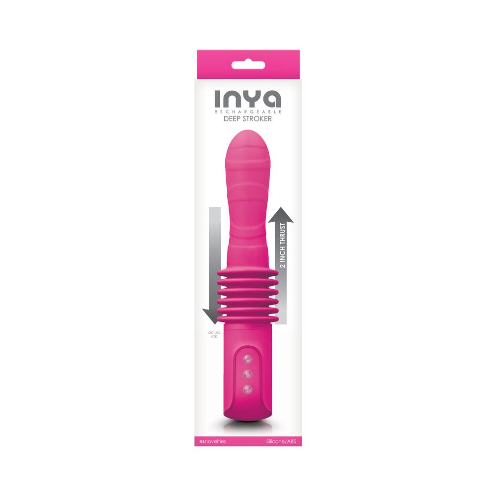 INYA Deep Stroker rechargeable pink silicone vibrator with 2-inch thrusting motion in packaging