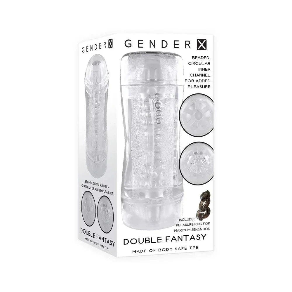 Gender X Double Fantasy clear dual-entry stroker with textured grip, vibrating ring, and removable sleeve for cleaning.