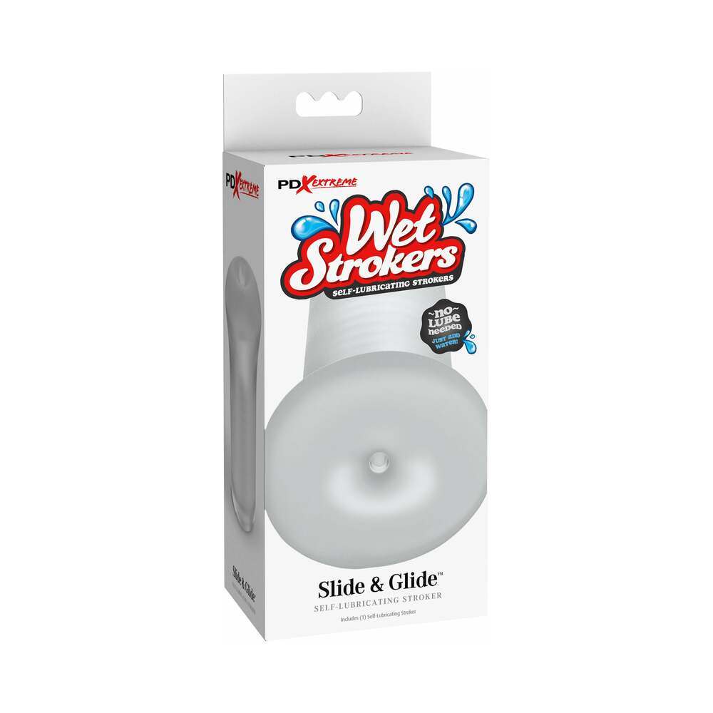 PDX Extreme Wet Stroker Slide & Glide frosted self-lubricating male stroker with textured interior and realistic Fanta Flesh material, no lube needed, water activated.