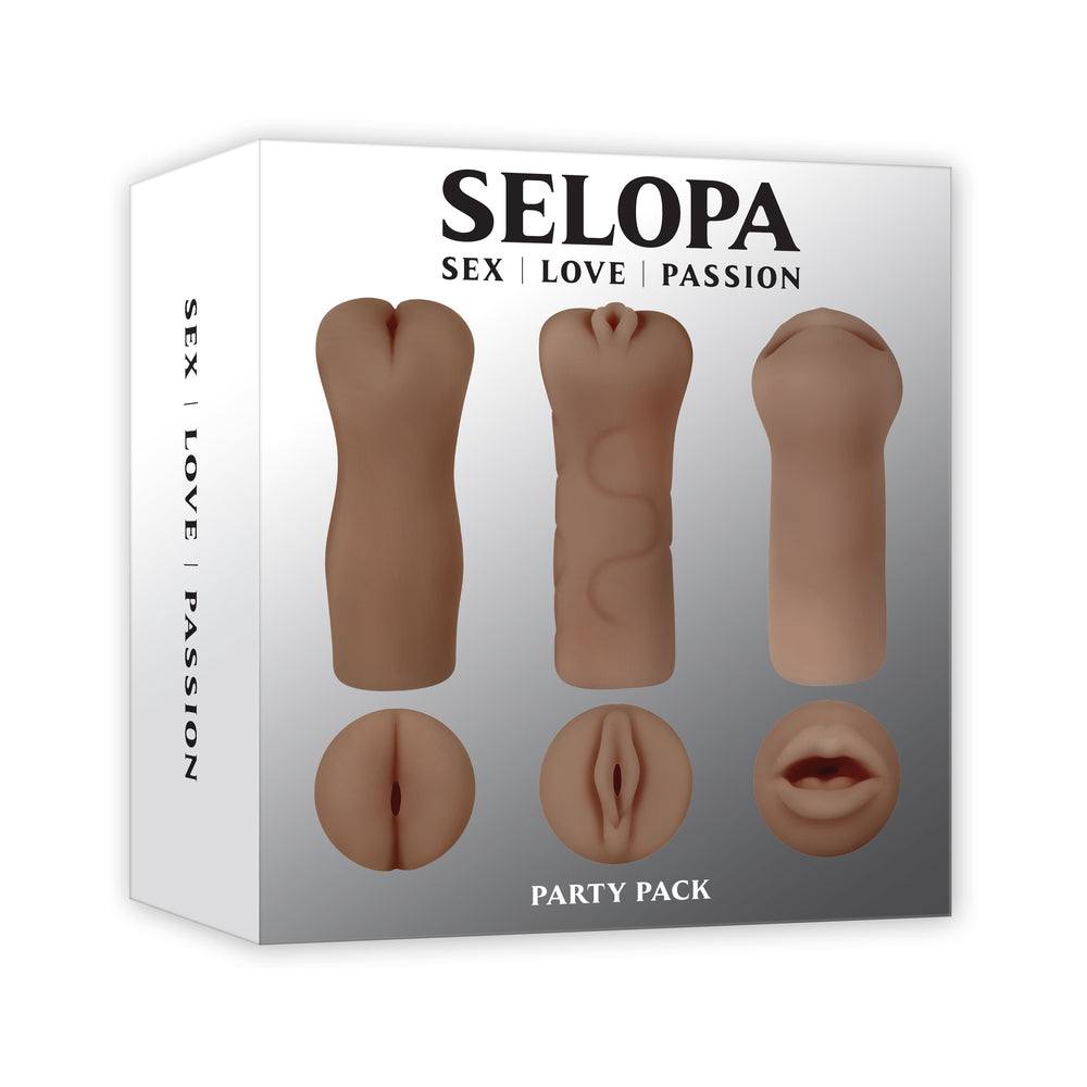Selopa Party Pack 3-piece life-like strokers set with anal, vaginal, and oral textures in dark color, body-safe and waterproof.