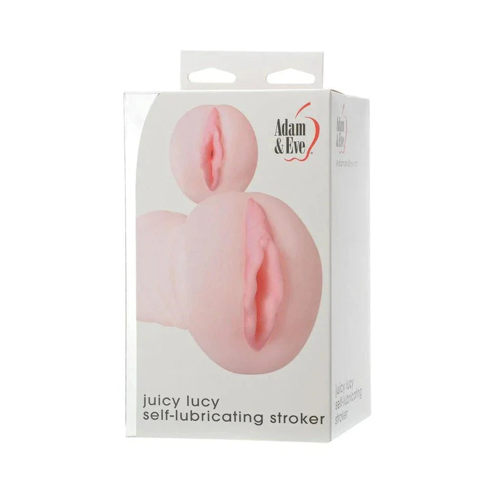 Adam & Eve Juicy Lucy Self-Lubricating Stroker with realistic lips, water-activated slippery coating, stretchy TPE rubber design for travel and home use.