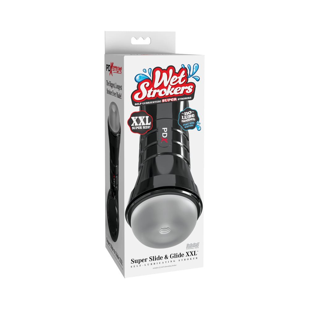 PDX Extreme Wet Strokers Super Slide & Glide XXL Frosted self-lubricating stroker with adjustable suction and XXL grip case
