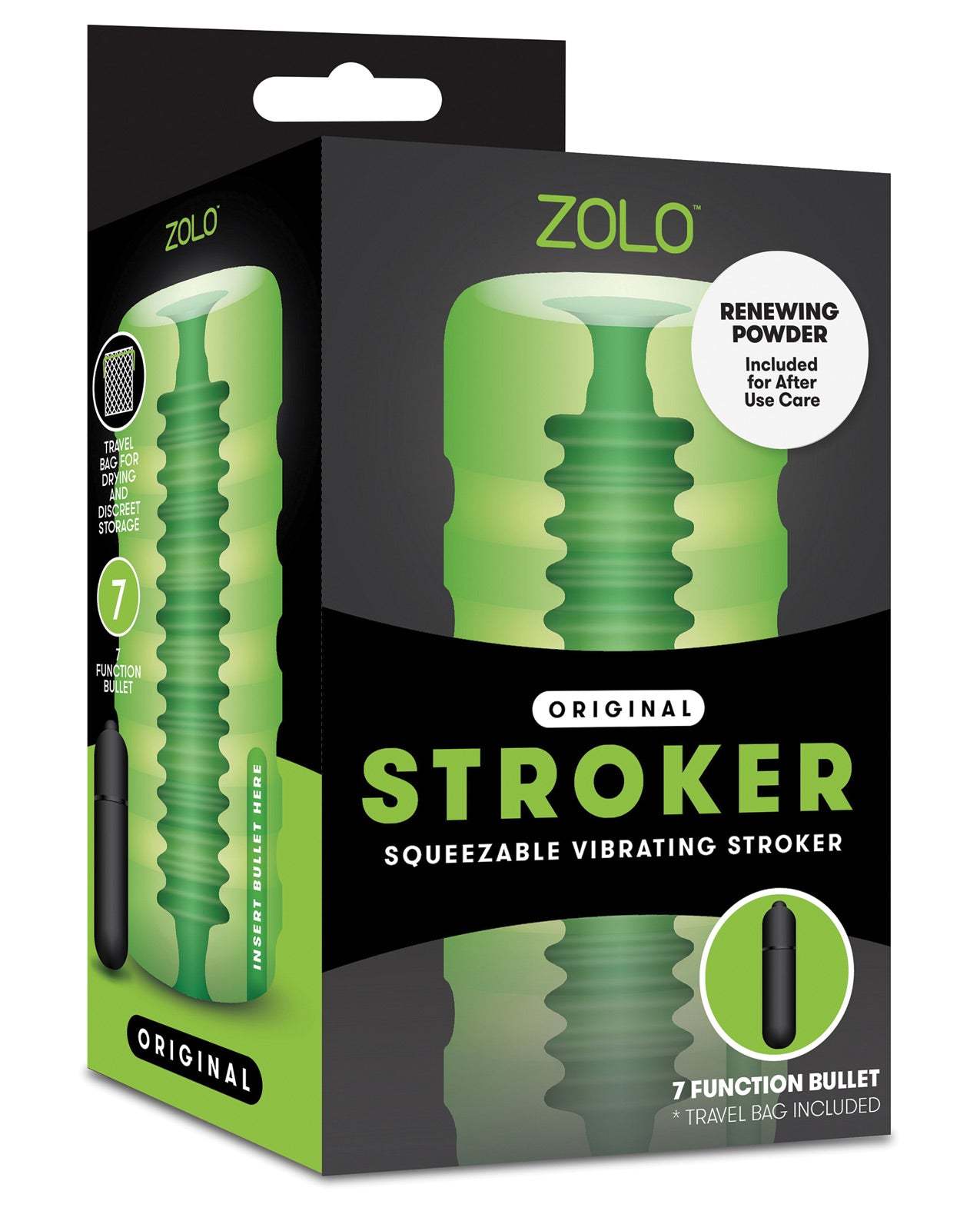 ZOLO Original Squeezable Vibrating Stroker with textured sleeve and 7-function bullet in black packaging