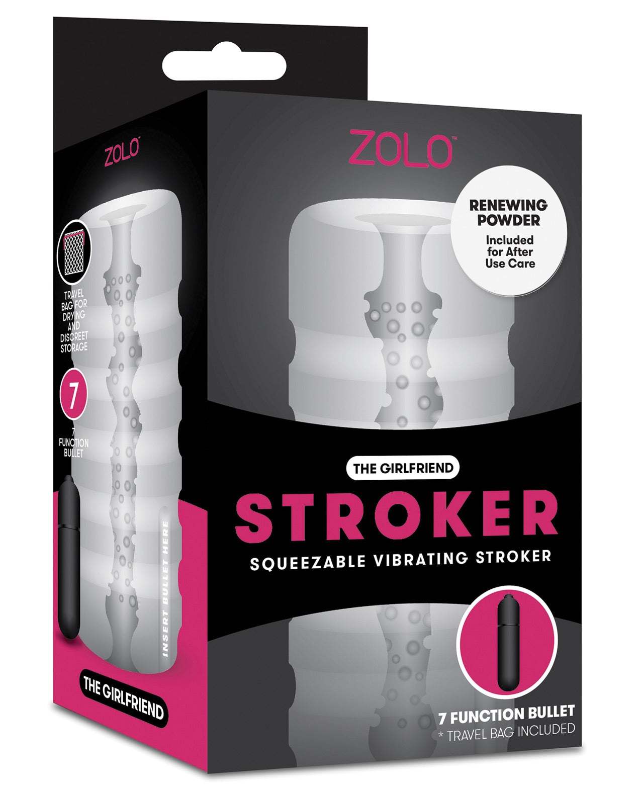 ZOLO Girlfriend Squeezable Vibrating Stroker with textured sleeve and 7-function bullet, body-safe and easy to clean masturbator with travel bag and renewing powder.
