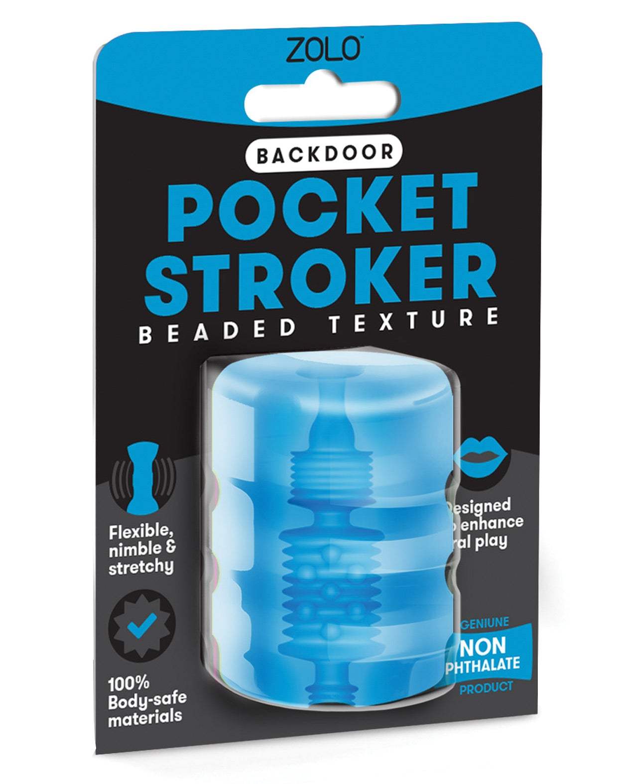 ZOLO Backdoor pocket stroker with beaded texture, flexible and stretchy, body-safe material in blue packaging