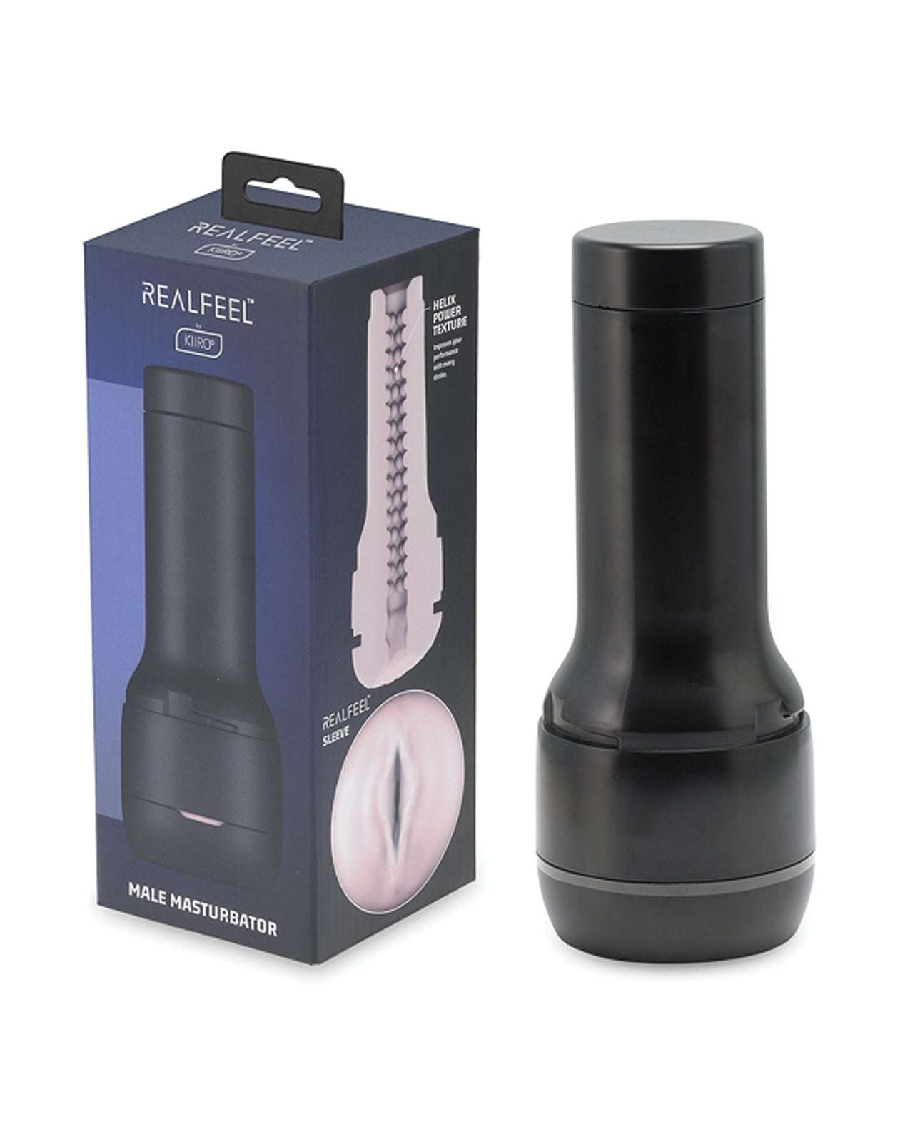 Kiiroo Feel Generic Stroker male masturbator with realistic skin-like texture in black with packaging box