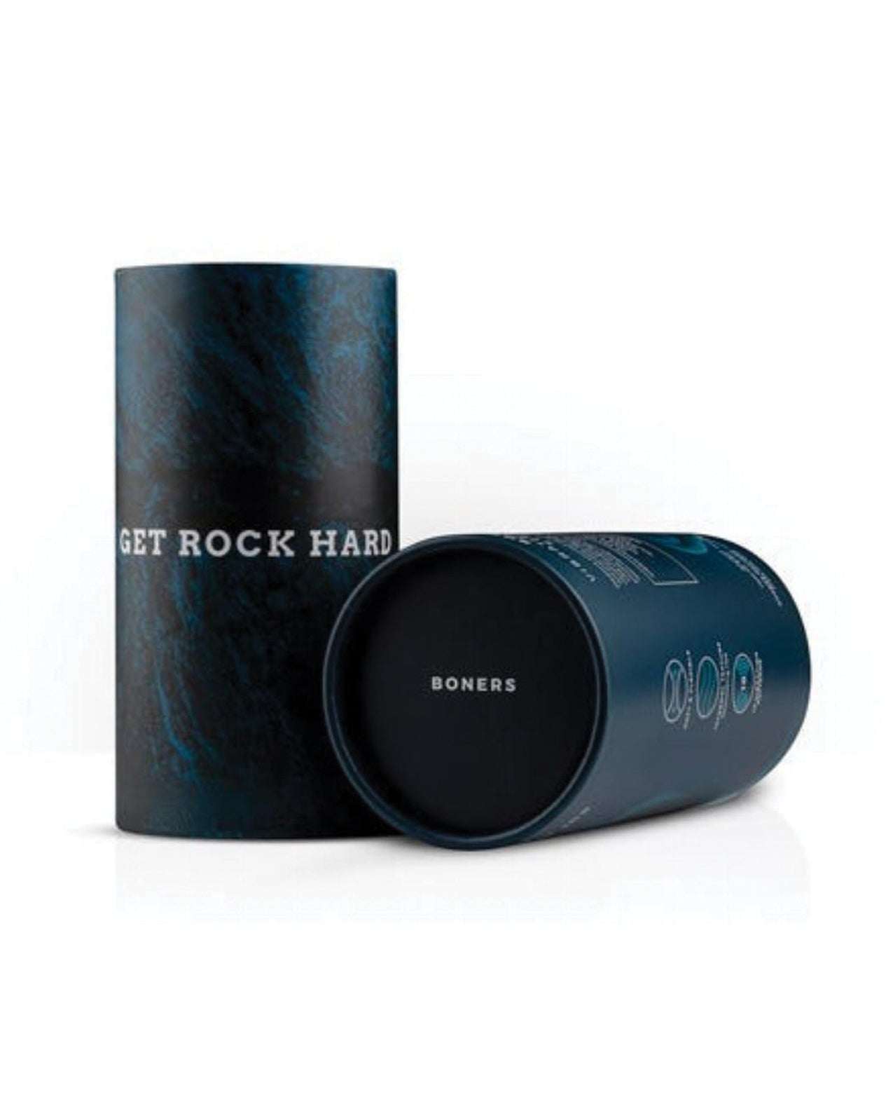 Black Boners Vibrating Hand Job Stroker with cylindrical packaging and USB rechargeable design