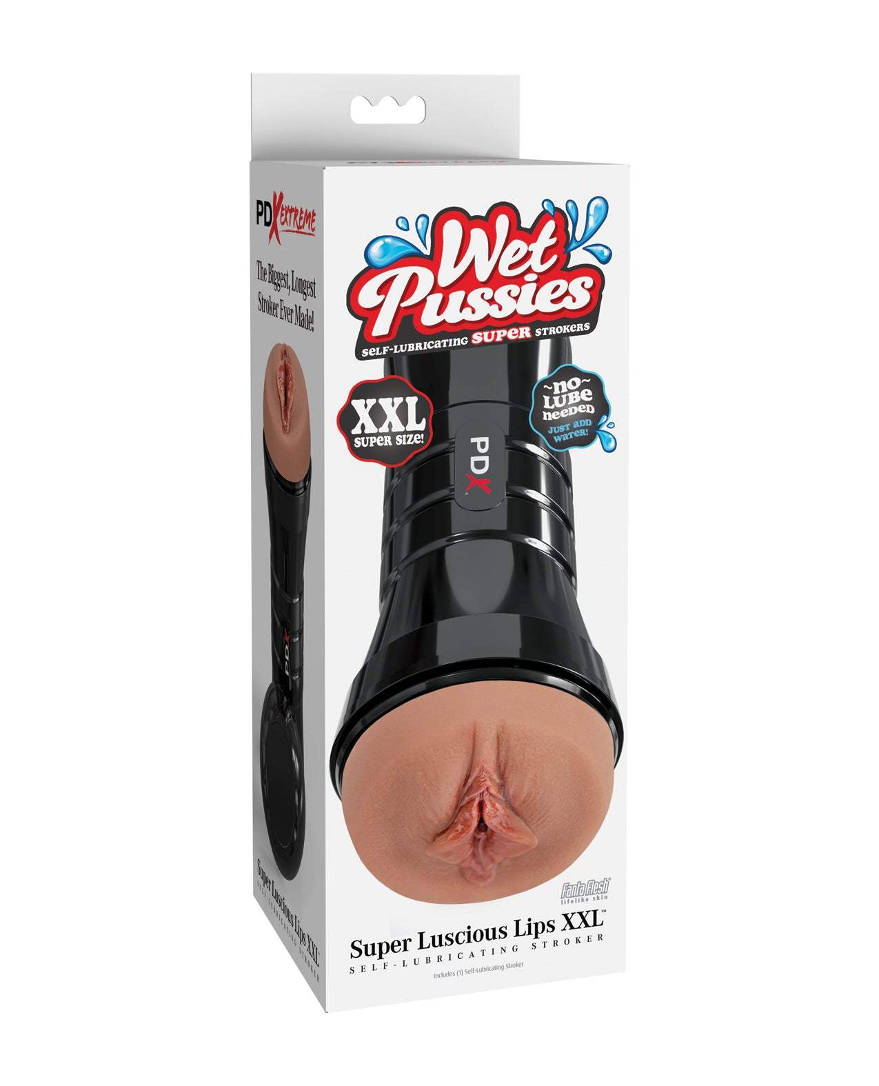 PDX Extreme Wet Pussies Super Luscious Lips XXL self-lubricating stroker in brown with realistic details and adjustable suction control in a black EZ-Grip case