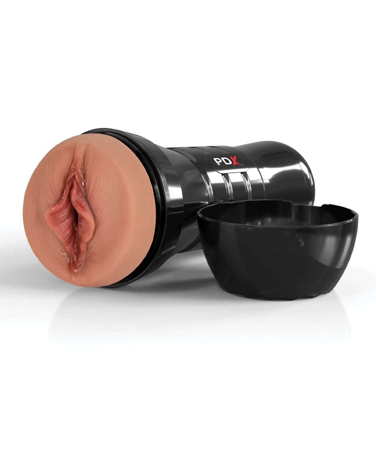 PDX Extreme Wet Pussies Super Luscious Lips XXL stroker in brown with black EZ-Grip case and removable cap.