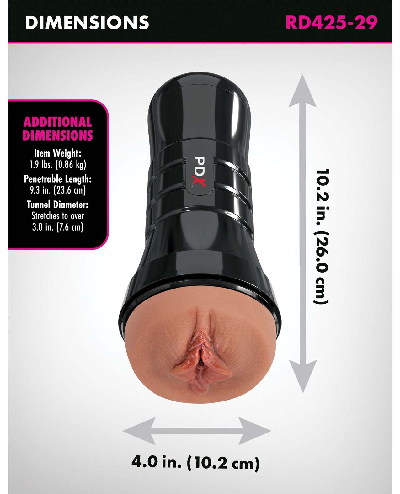 PDX Extreme Wet Pussies Super Luscious Lips XXL Stroker in brown with realistic design, 10.2-inch length, self-lubricating pleasure tunnel, and adjustable suction control.