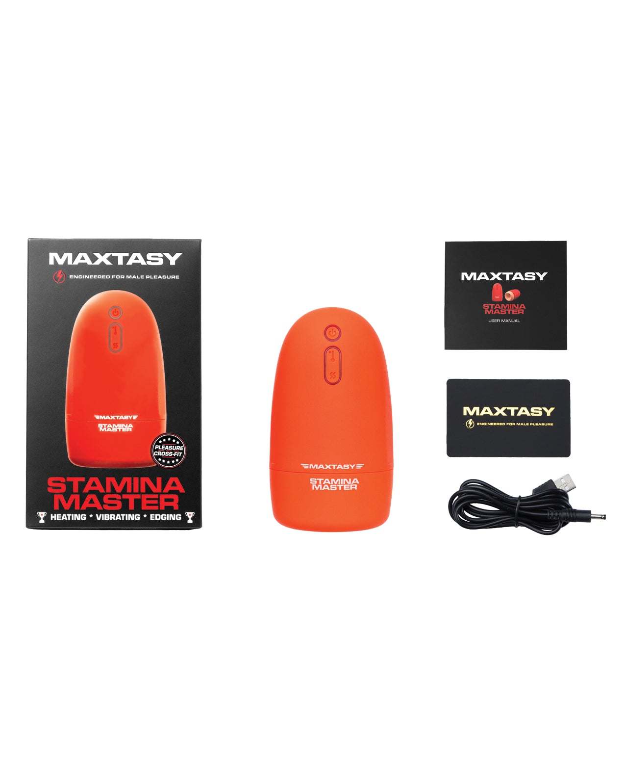 Maxtasy Stamina Master orange vibrating and heating stroker with accessories and packaging