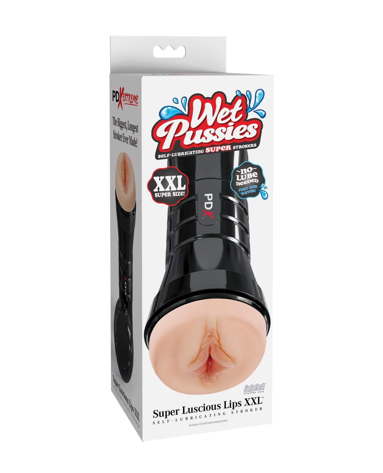 PDX Extreme Wet Pussies Super Luscious Lips XXL self-lubricating stroker in black case with realistic design and adjustable suction.