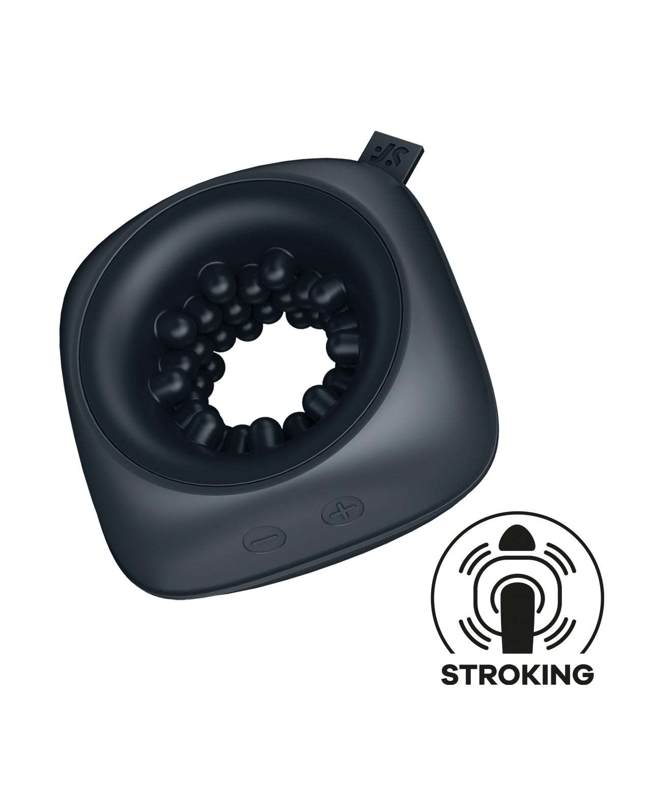 Satisfyer Ring Stroker black vibrating silicone masturbator with textured inner surface and control buttons
