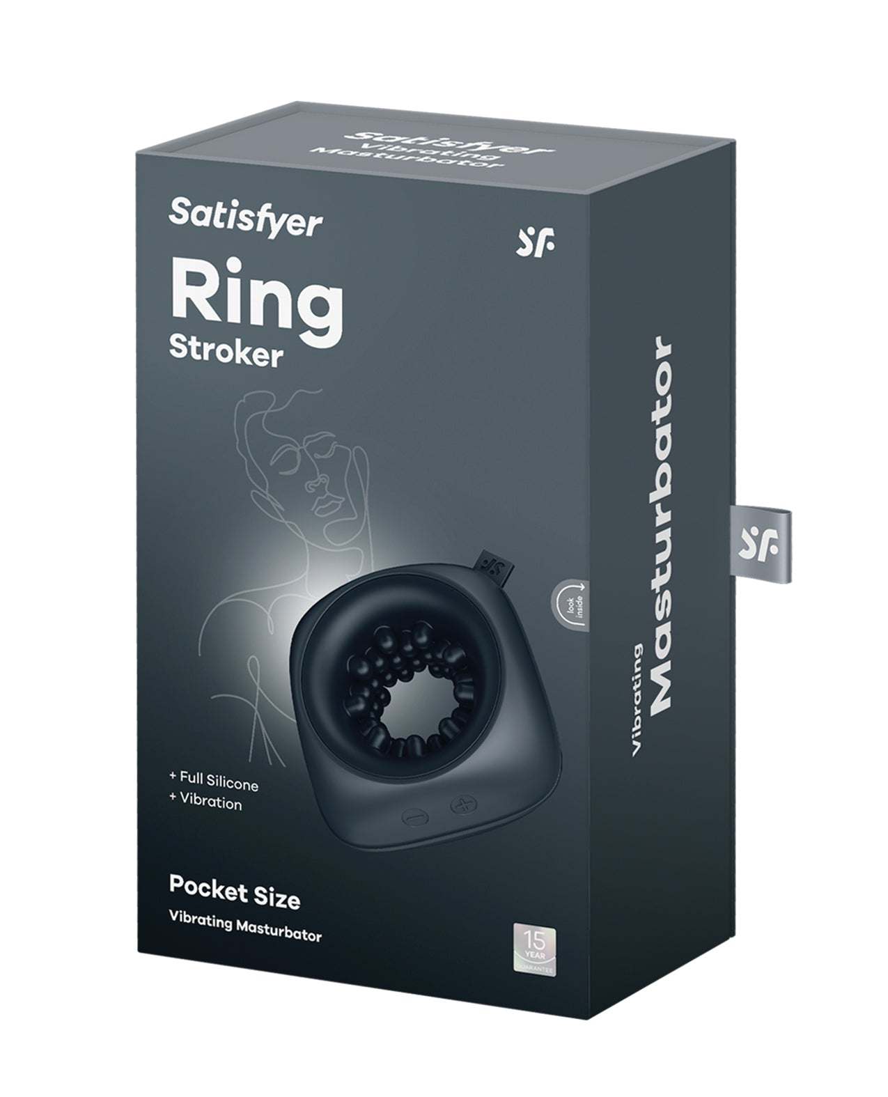 Satisfyer Ring Stroker black pocket-sized vibrating silicone masturbator with three motors and 12 vibration modes, waterproof and rechargeable.