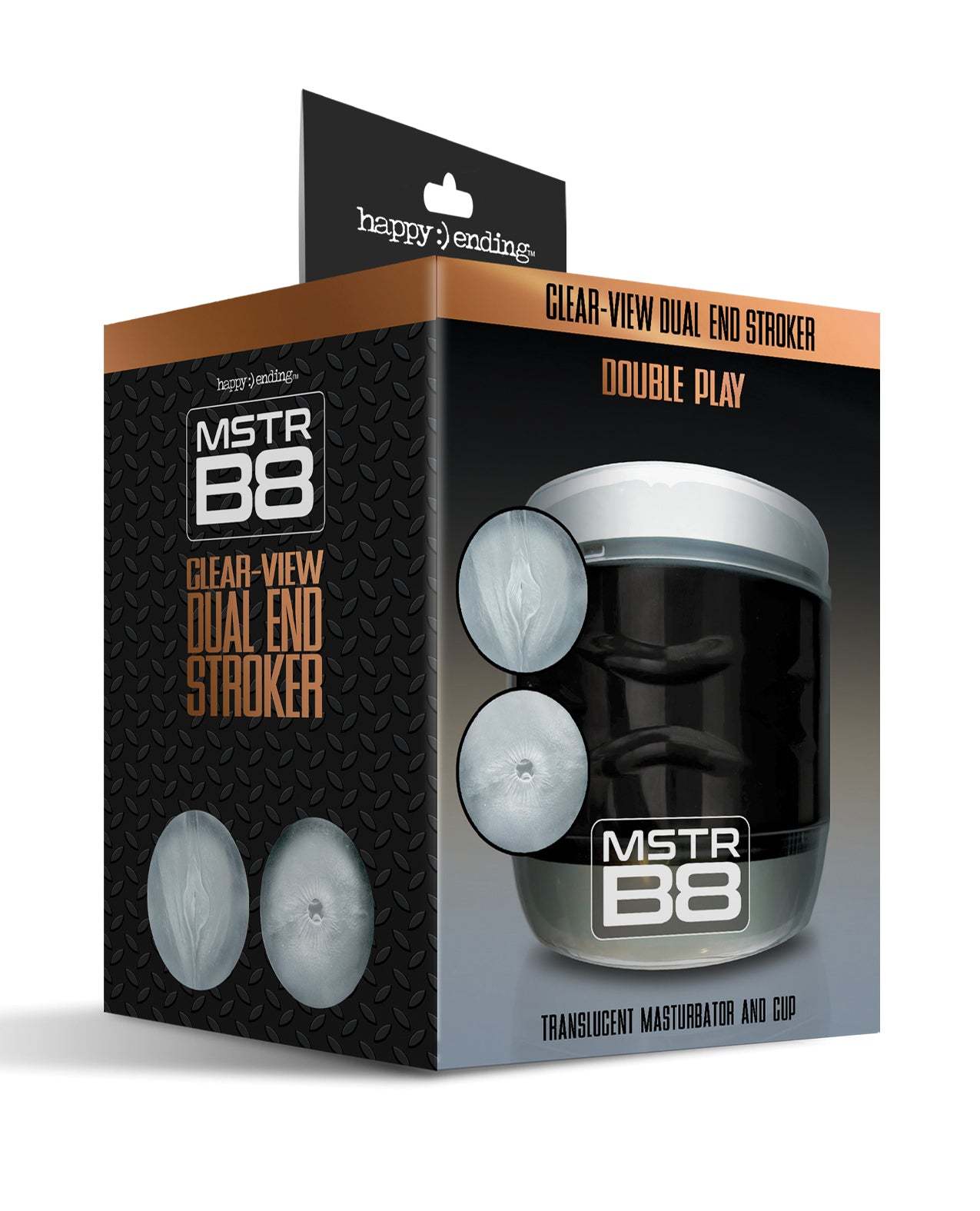 MSTR B8 Double Play clear-view dual ended male masturbator with realistic orifices and compact design.