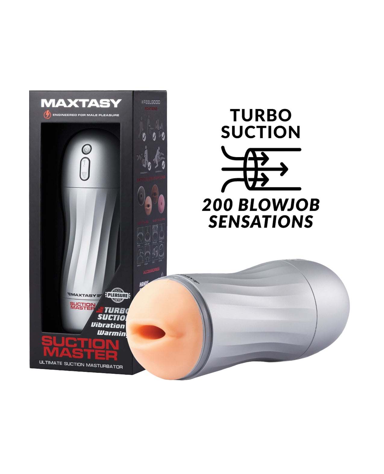 Maxtasy Suction Master realistic stroker with turbo suction, vibration, and warming modes in nude color.