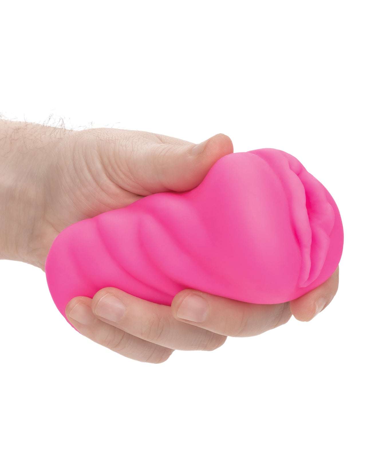 Hand holding a pink Anime Stroker Kitty male masturbator with soft, stretchy texture and realistic design.