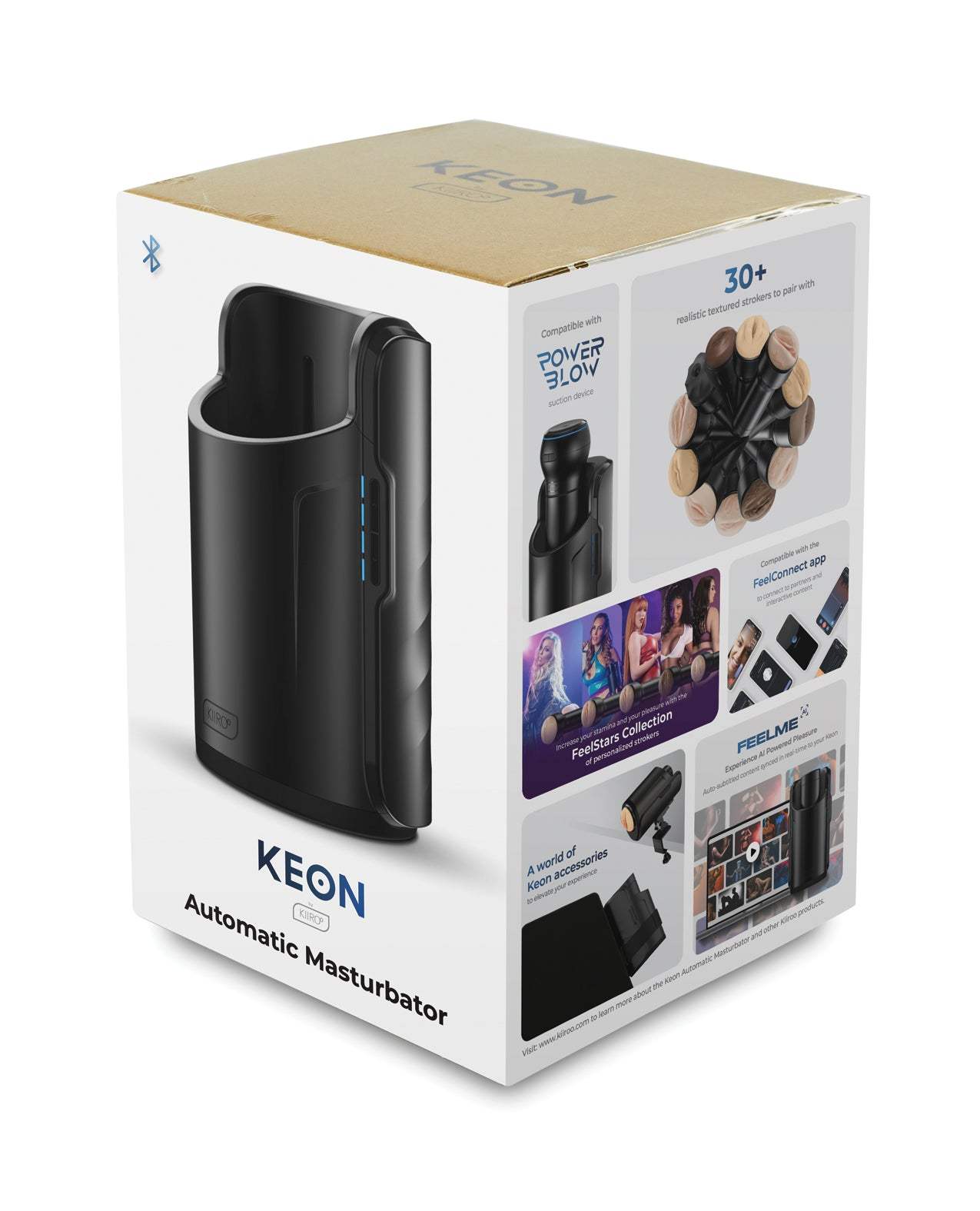 Kiiroo Keon automatic masturbator packaging box showing device image and features