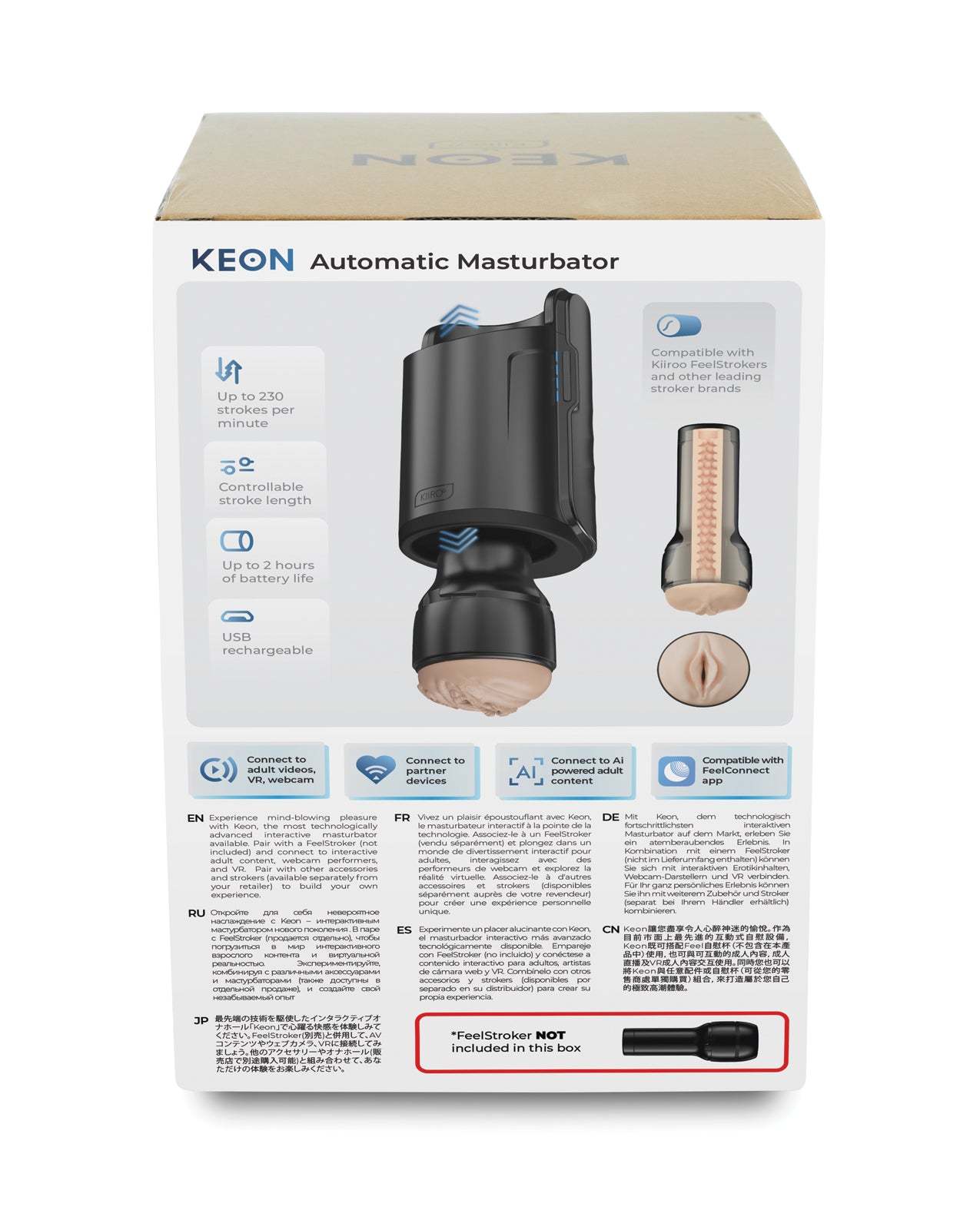 Kiiroo Keon automatic masturbator with ergonomic design, app-enabled control, and USB rechargeable battery, stroker not included.
