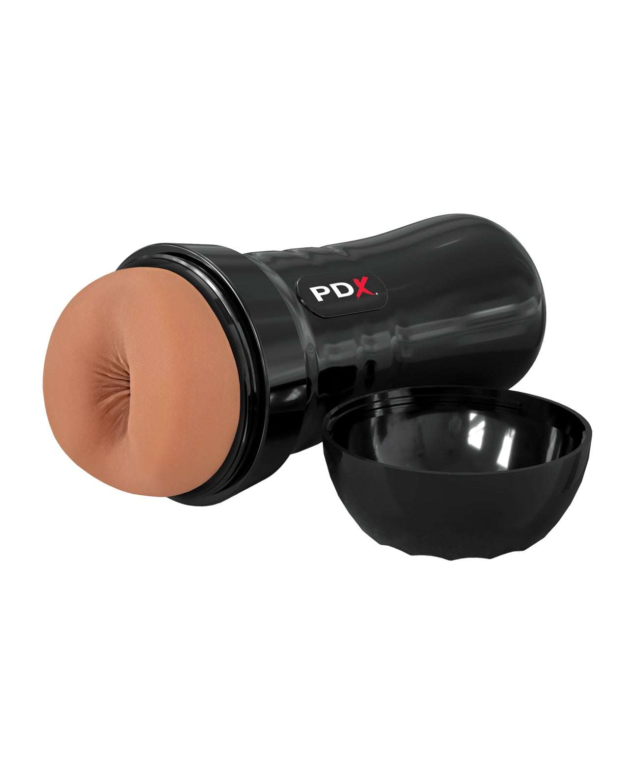 Brown PDX Extreme Wet Bussies Super Bangin' Butthole Stroker with black ergonomic case and removable cap