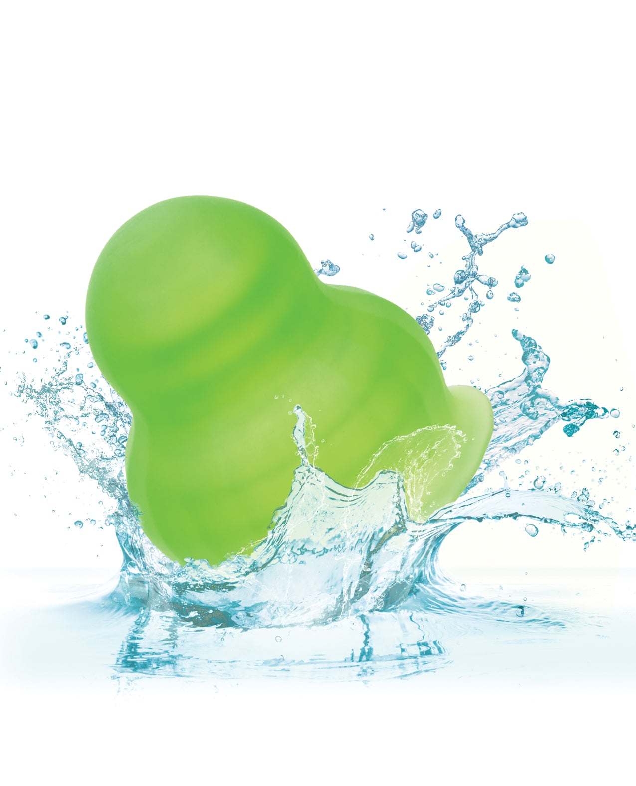 Green Pop Sock! Tickler reversible textured stroker splashing into water for intense pleasure and superior suction sensation