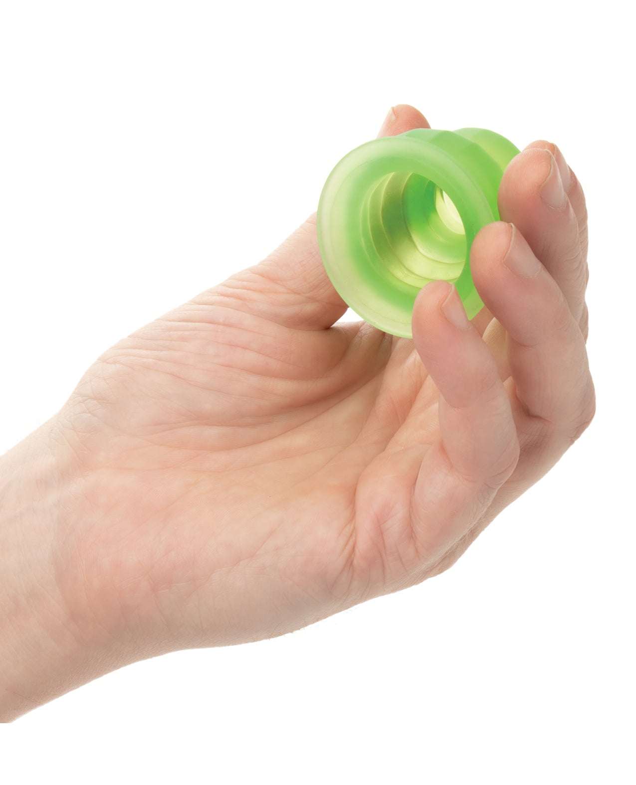 Hand holding a green Pop Sock! Tickler reversible textured stroker with a soft, stretchy design and closed end for intense pleasure and suction