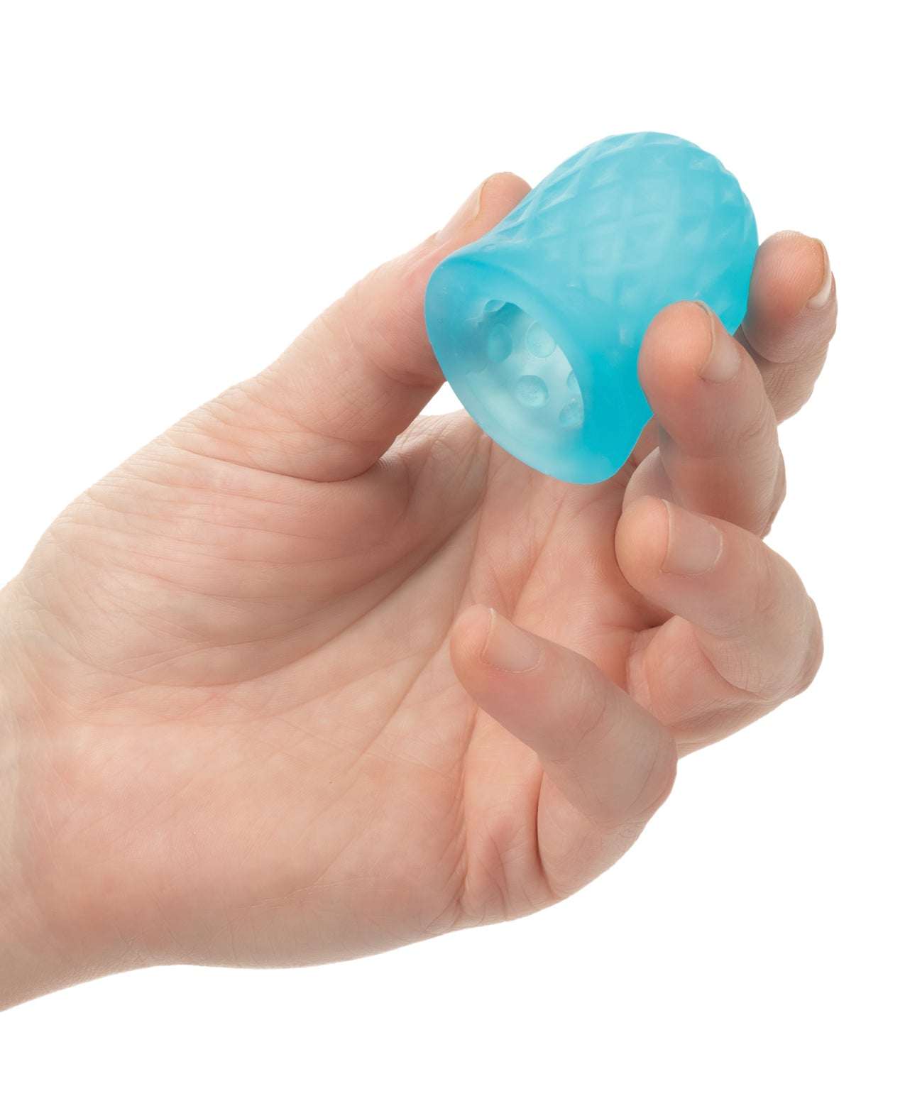 Hand holding a blue Pop Sock! Tickler textured reversible stroker for intense pleasure