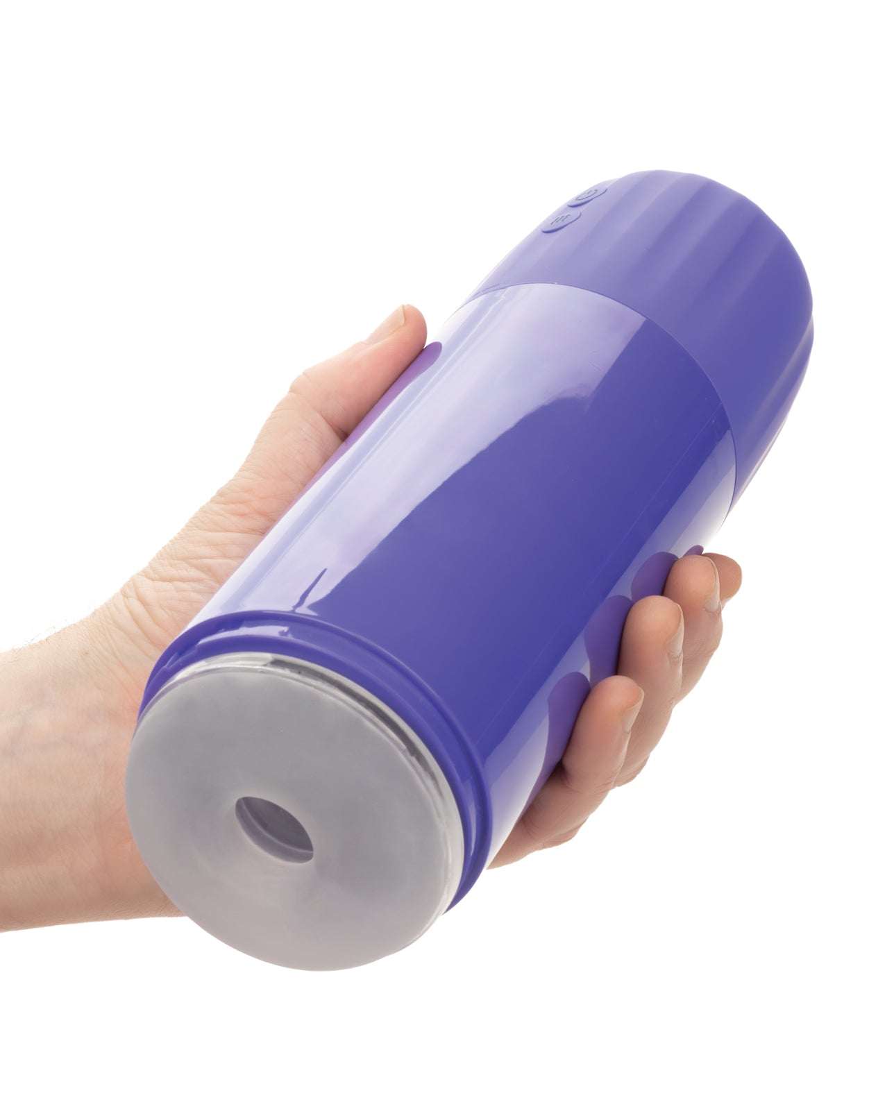 Calexotics Connect Stroker purple vibrating and suction male masturbator held in hand